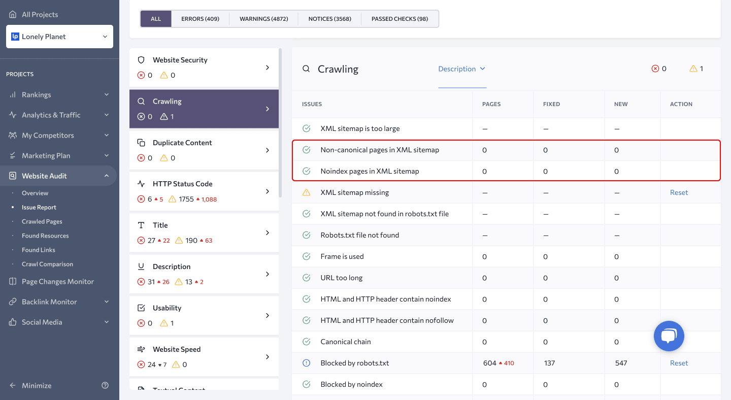 Screenshot of Crawling section in SE Ranking's Website Audit