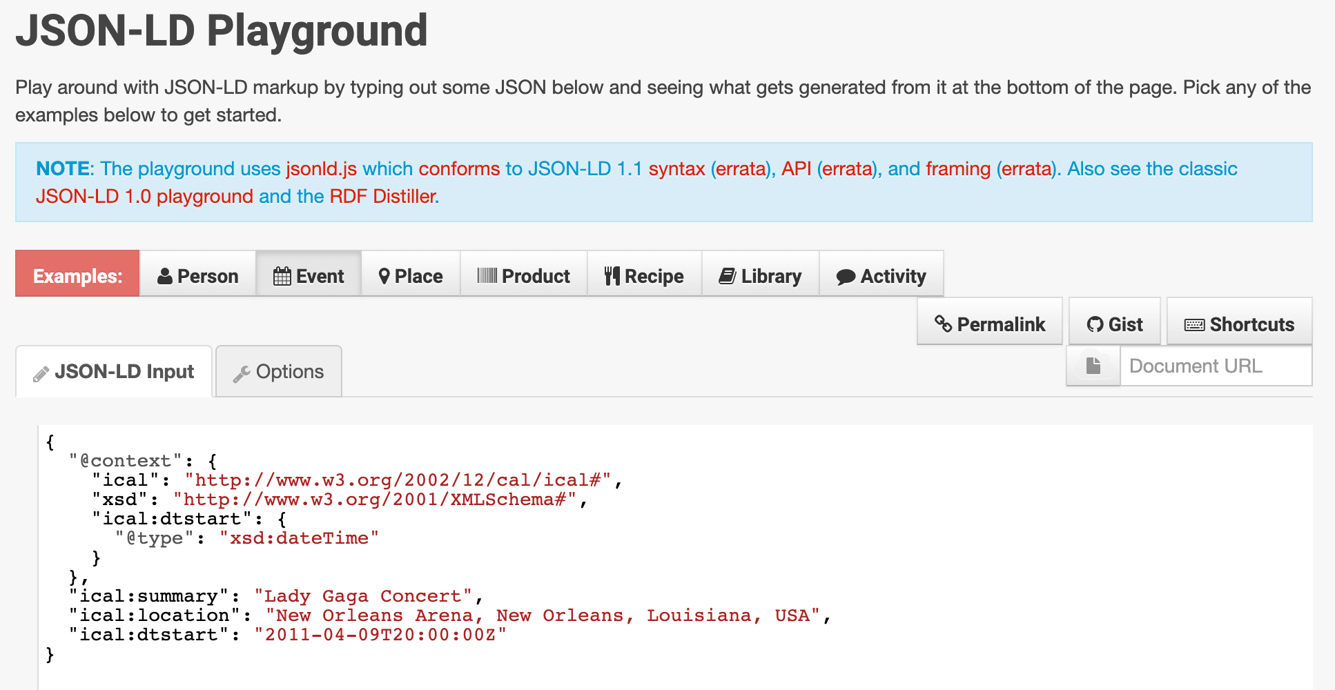 An example of JSON-LD code from JSON-LD Playground