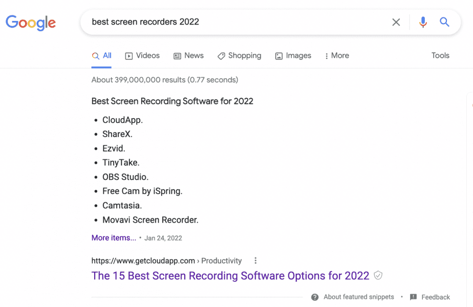 SERP of 'best screen recorder 2022'