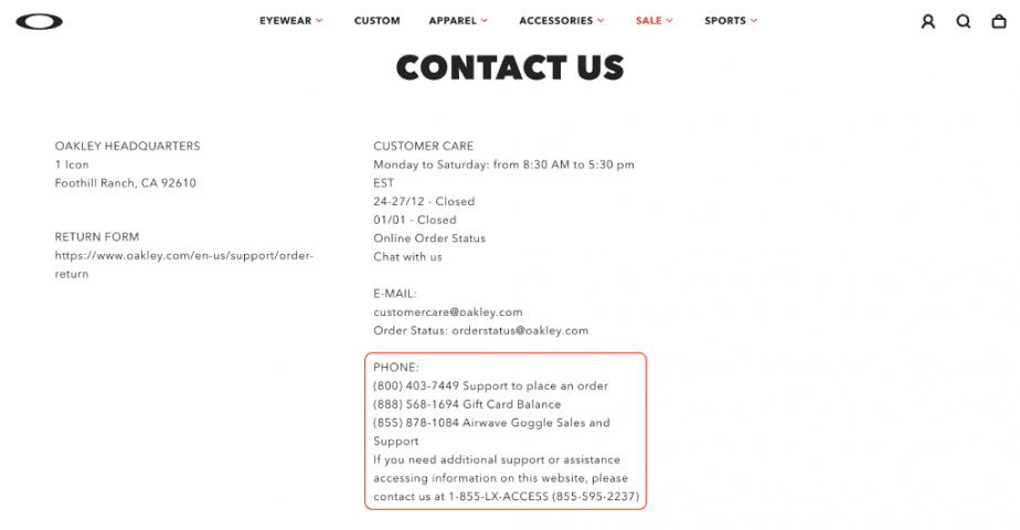 Example of phone numbers in the footer
