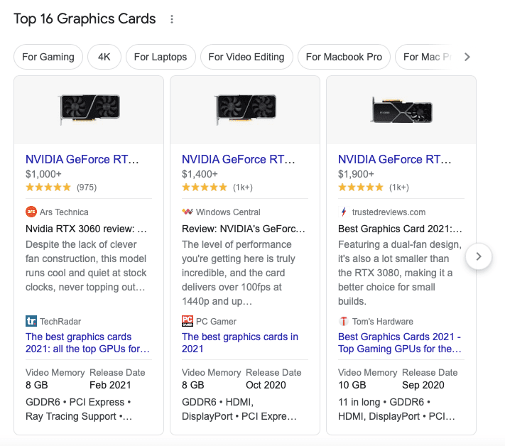 Carousel of products in search results