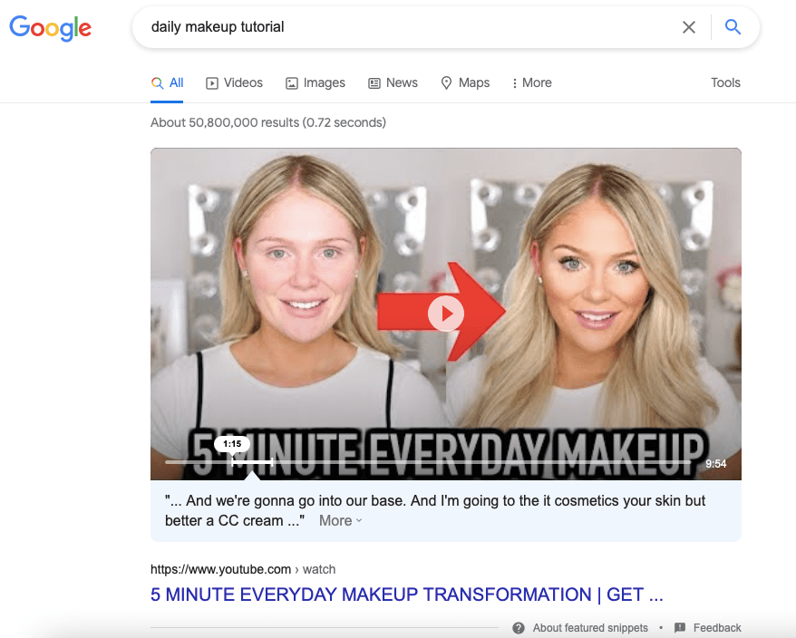 Video tutorial featured snippet