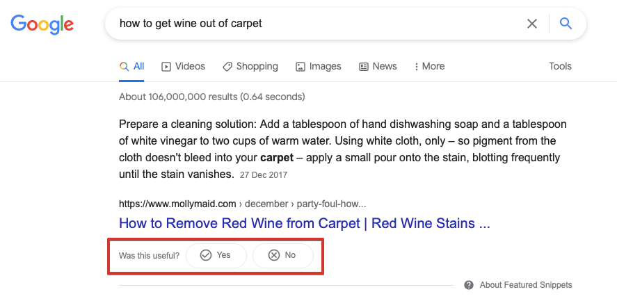 Featured snippet asking for feedback